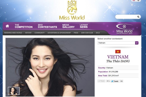 Hình ảnh Thu Thảo bất ngờ xuất hiện trên trang chủ của &quot;Miss World&quot; 2