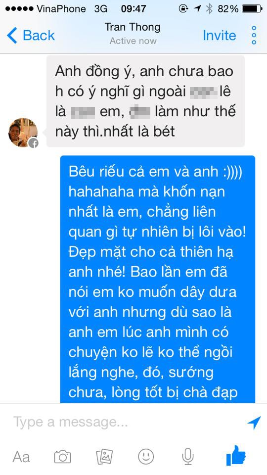 Một vài tin nhắn qua lại của Pha Lê và Trần Thông - ông xã của Dương Yến Ngọc. Anh này cũng thẳng thắn cho biết sẽ nói chuyện để cựu người mẫu biết và xin lỗi những hiểu lầm về quan hệ của anh với Pha Lê.