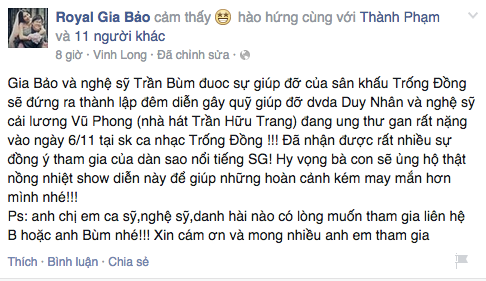 Sao Việt chung tay kêu gọi ủng hộ Duy Nhân chữa ung thư